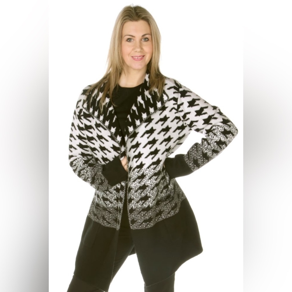Funsport Houndstooth Open Front Cardigan Jacket Large Cozy Long Coatigan